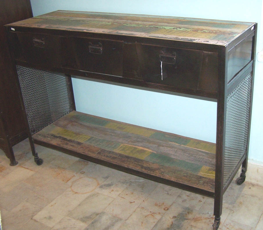 Image of Industrial wood & metal 3 drawer console