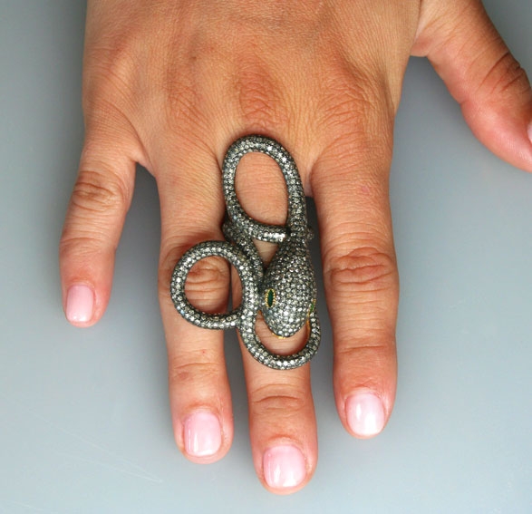 Image of Diamond, and Emerald Serpent Gold Ring.
