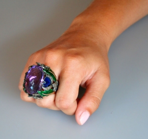 Image of Diamond, Amethyst, & Enamel Gold Ring.